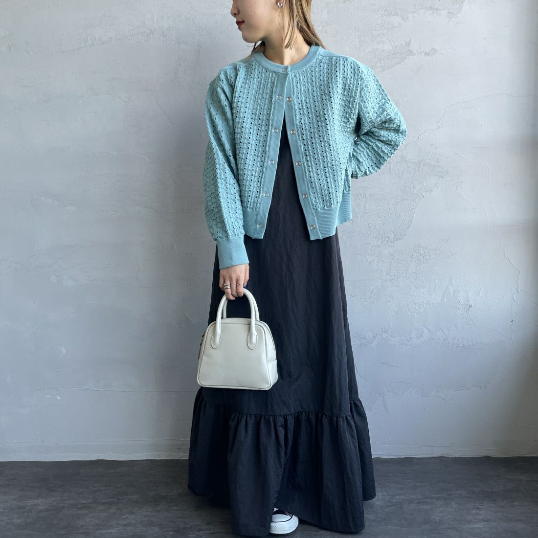 Maison de L'allure [メゾン ドゥ ラリュール] 透かし柄 スポンディッシュカーディガン [23131007] 38 GREEN &&モデル身長：156cm 着用サイズ：F&&