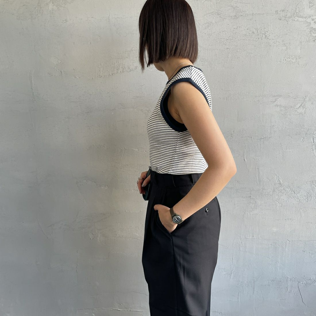 Robert P.Miller [ロバートピーミラー] 別注 パネルリブタンクトップ [RM241-2008IN-JF] NAVY &&モデル身長：159cm 着用サイズ：F&&