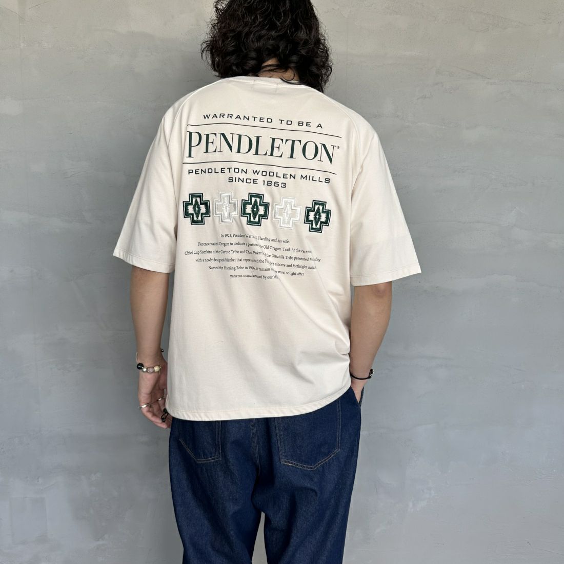 PENDLETON [ペンドルトン] 別注 ネイティブ柄バックプリント ショートスリーブTシャツ [4275-6218-JF] TAUPE &&モデル身長：173cm 着用サイズ：M&&