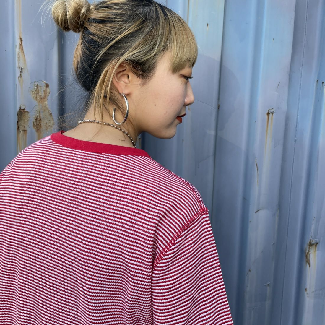 Health knit [ヘルスニット] 別注 ワッフルクルーネックTシャツ [HR24S-L022IN-JF] RED/OFF&&モデル身長：156cm　着用サイズ：F&&