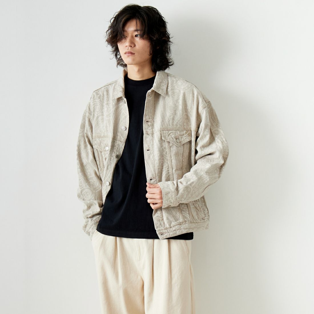 Noir Fabrik [ヌワールファブリック] デニムトラッカージャケット [NF-241-003] BEGﾍﾟｲｽﾞﾘｰ &&モデル身長：182cm 着用サイズ：L&&