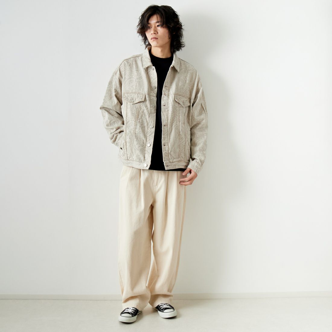 Noir Fabrik [ヌワールファブリック] デニムトラッカージャケット [NF-241-003] BEGﾍﾟｲｽﾞﾘｰ &&モデル身長：182cm 着用サイズ：L&&