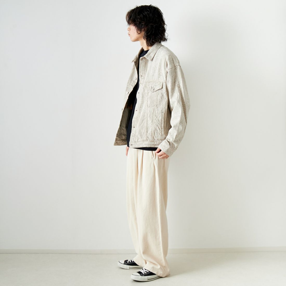 Noir Fabrik [ヌワールファブリック] デニムトラッカージャケット [NF-241-003] BEGﾍﾟｲｽﾞﾘｰ &&モデル身長：182cm 着用サイズ：L&&