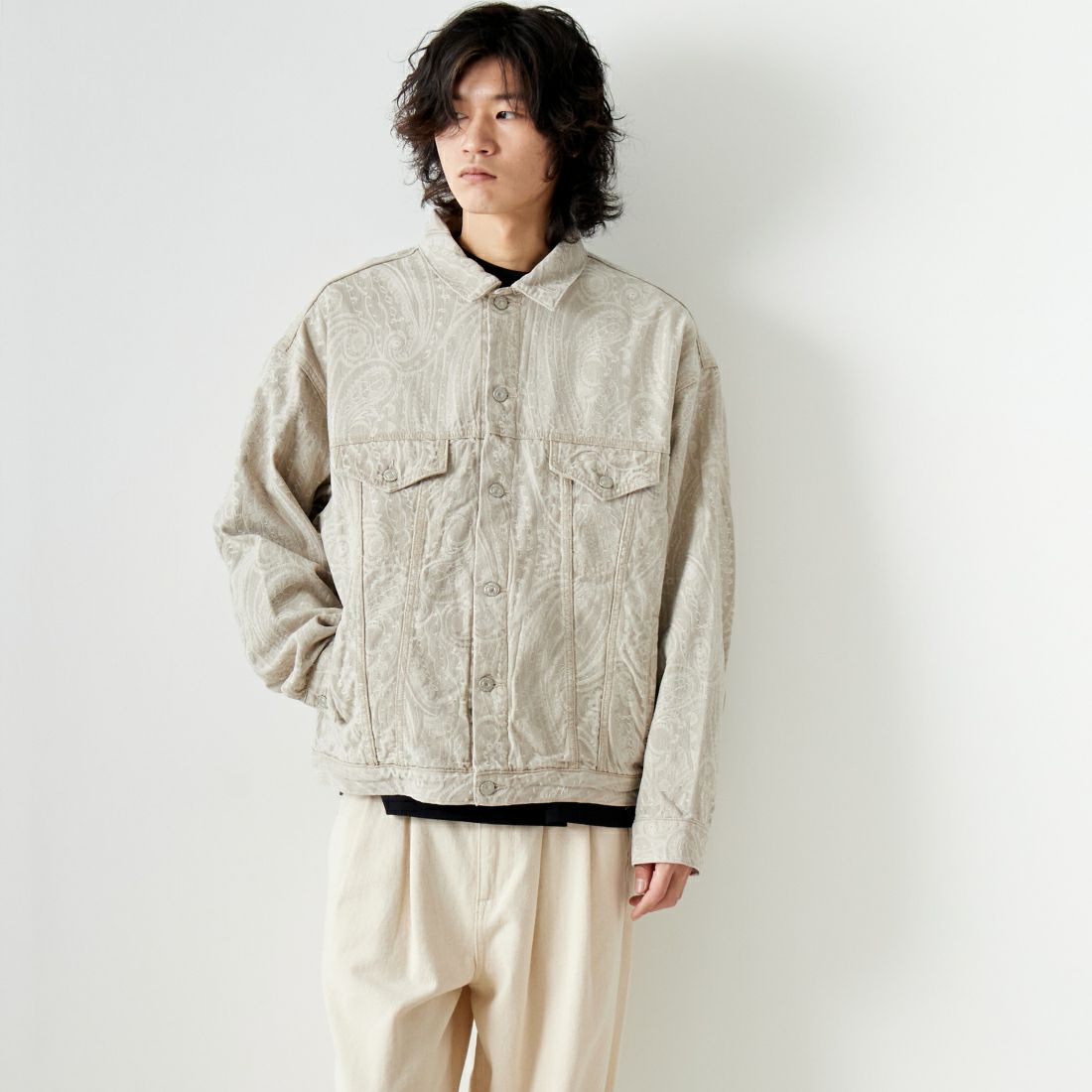 Noir Fabrik [ヌワールファブリック] デニムトラッカージャケット [NF-241-003] BEGﾍﾟｲｽﾞﾘｰ &&モデル身長：182cm 着用サイズ：L&&