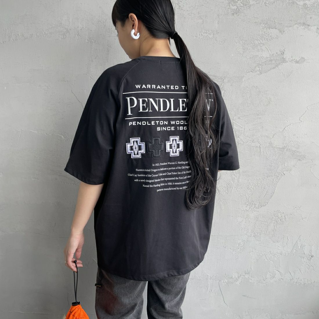 PENDLETON [ペンドルトン] 別注 ネイティブ柄バックプリント ショートスリーブTシャツ [4275-6218-JF] BLACK1 &&モデル身長：156cm 着用サイズ：S&&