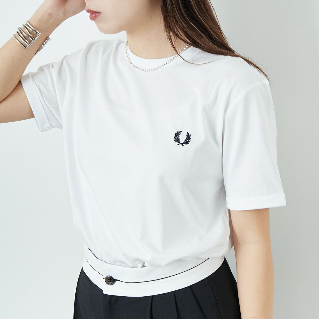 FRED PERRY [フレッドペリー] リンガーTシャツ [M3519] 100 WHITE &&モデル身長：167cm 着用サイズ：S&&