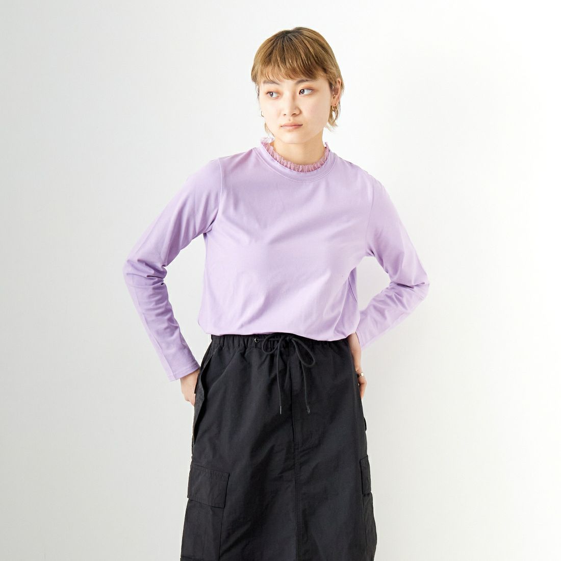 Jf Ready Made [ジェイエフレディメイド] ネックフリルTシャツ [2910108] 610 ﾗﾍﾞﾝﾀﾞ名 &&モデル身長：160cm 着用サイズ：F&&