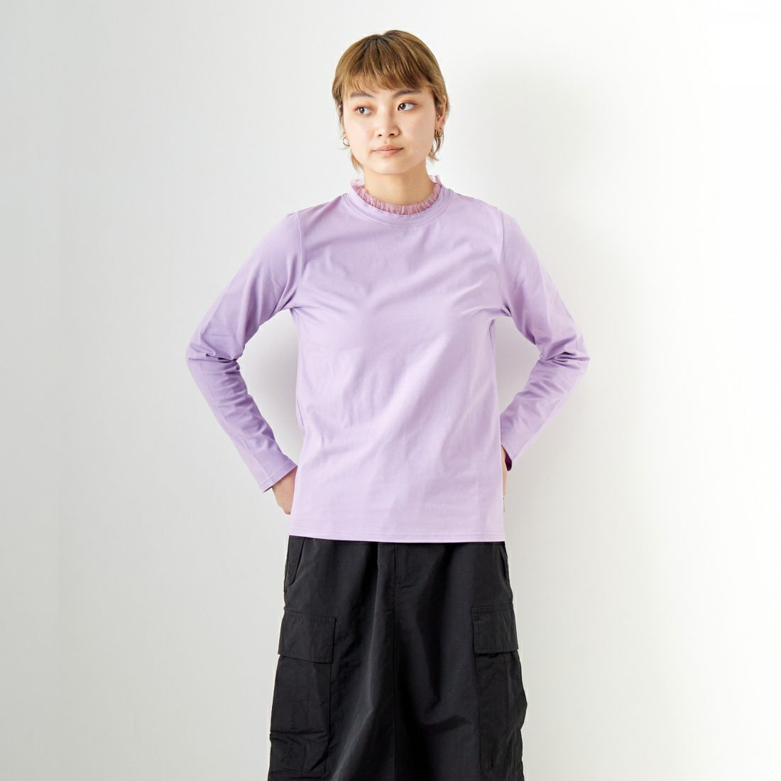 Jf Ready Made [ジェイエフレディメイド] ネックフリルTシャツ [2910108] 610 ﾗﾍﾞﾝﾀﾞ名 &&モデル身長：160cm 着用サイズ：F&&