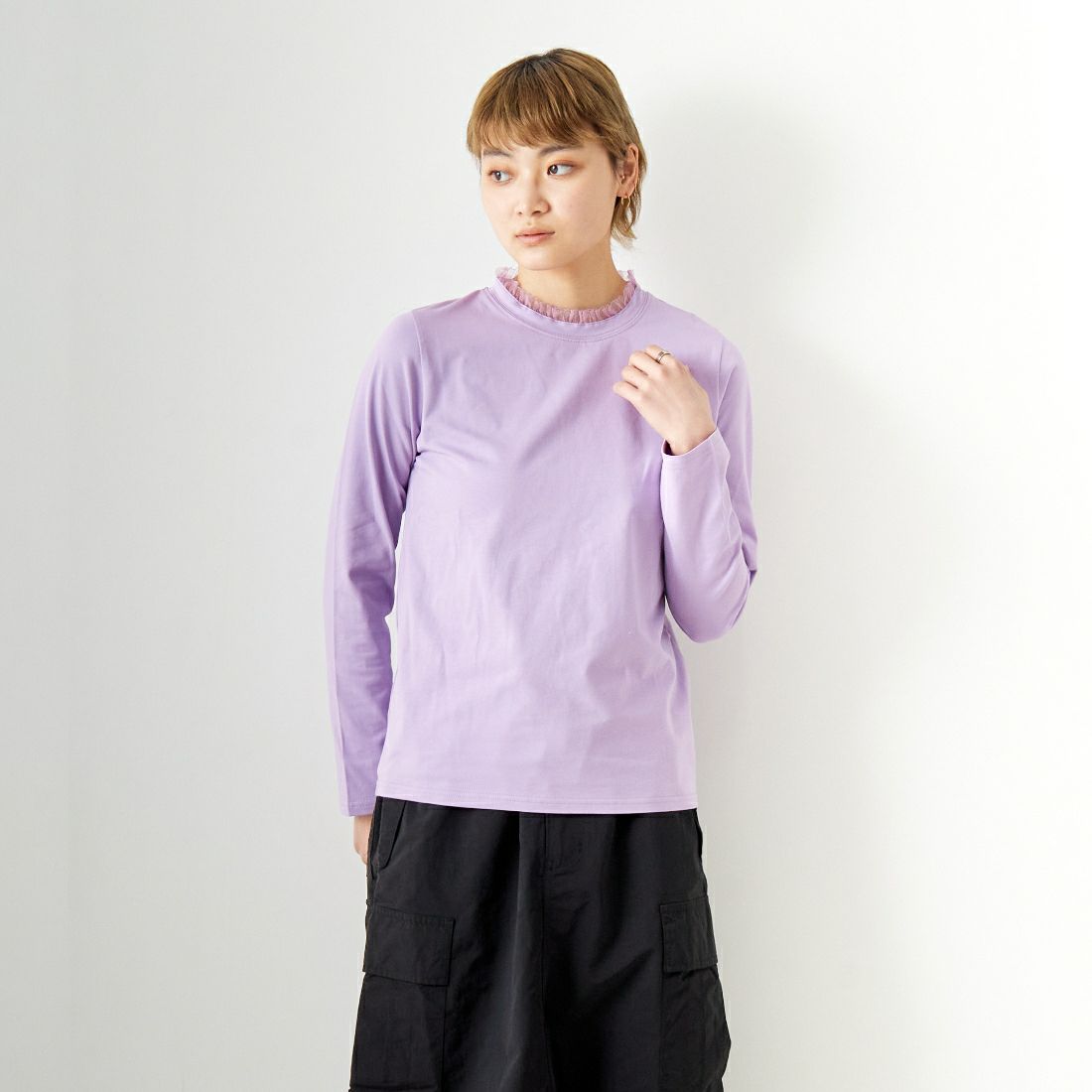 Jf Ready Made [ジェイエフレディメイド] ネックフリルTシャツ [2910108] 610 ﾗﾍﾞﾝﾀﾞ名 &&モデル身長：160cm 着用サイズ：F&&