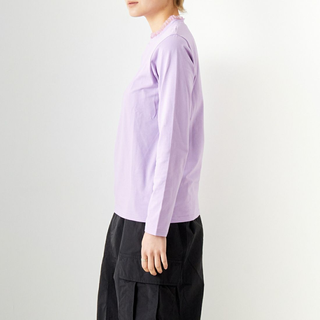 Jf Ready Made [ジェイエフレディメイド] ネックフリルTシャツ [2910108] 610 ﾗﾍﾞﾝﾀﾞ名 &&モデル身長：160cm 着用サイズ：F&&