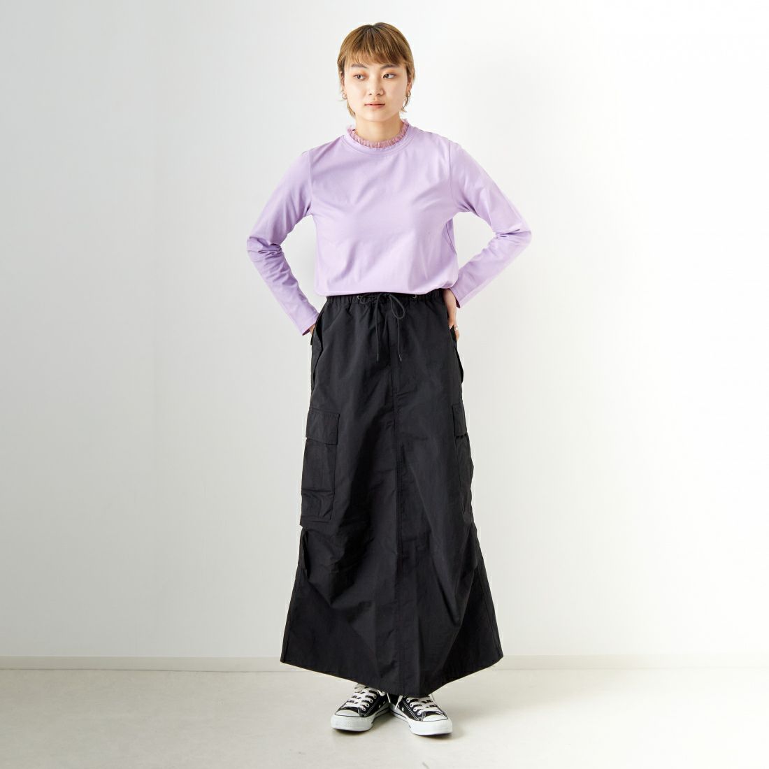 Jf Ready Made [ジェイエフレディメイド] ネックフリルTシャツ [2910108] 610 ﾗﾍﾞﾝﾀﾞ名 &&モデル身長：160cm 着用サイズ：F&&