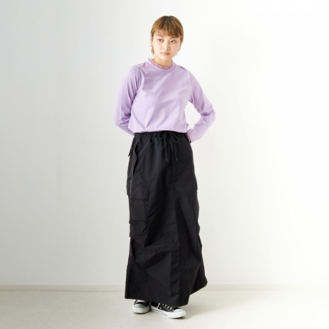 Jf Ready Made [ジェイエフレディメイド] ネックフリルTシャツ [2910108] 610 ﾗﾍﾞﾝﾀﾞ名 &&モデル身長：160cm 着用サイズ：F&&