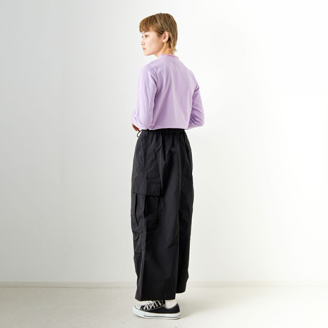 Jf Ready Made [ジェイエフレディメイド] ネックフリルTシャツ [2910108] 610 ﾗﾍﾞﾝﾀﾞ名 &&モデル身長：160cm 着用サイズ：F&&