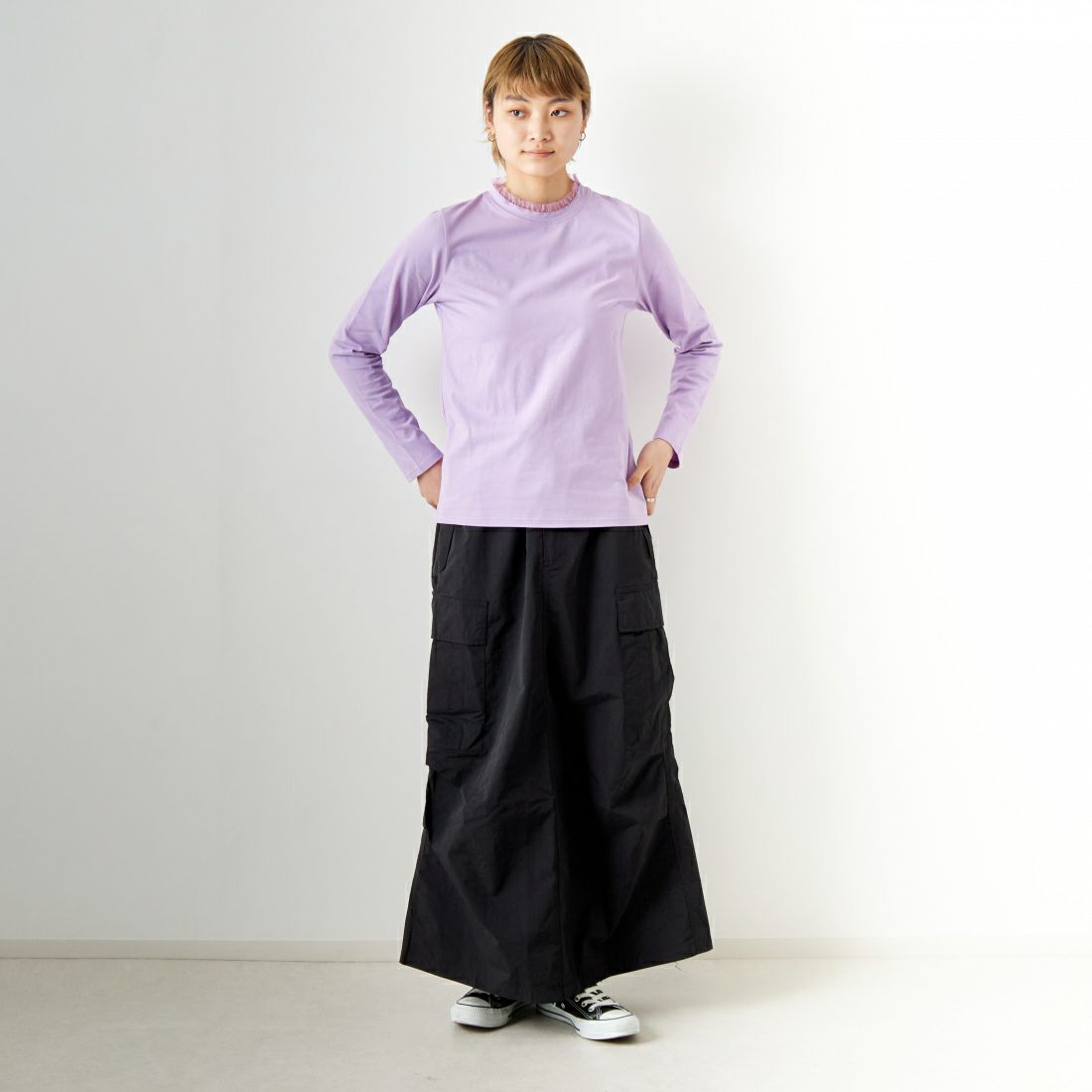 Jf Ready Made [ジェイエフレディメイド] ネックフリルTシャツ [2910108] 610 ﾗﾍﾞﾝﾀﾞ名 &&モデル身長：160cm 着用サイズ：F&&
