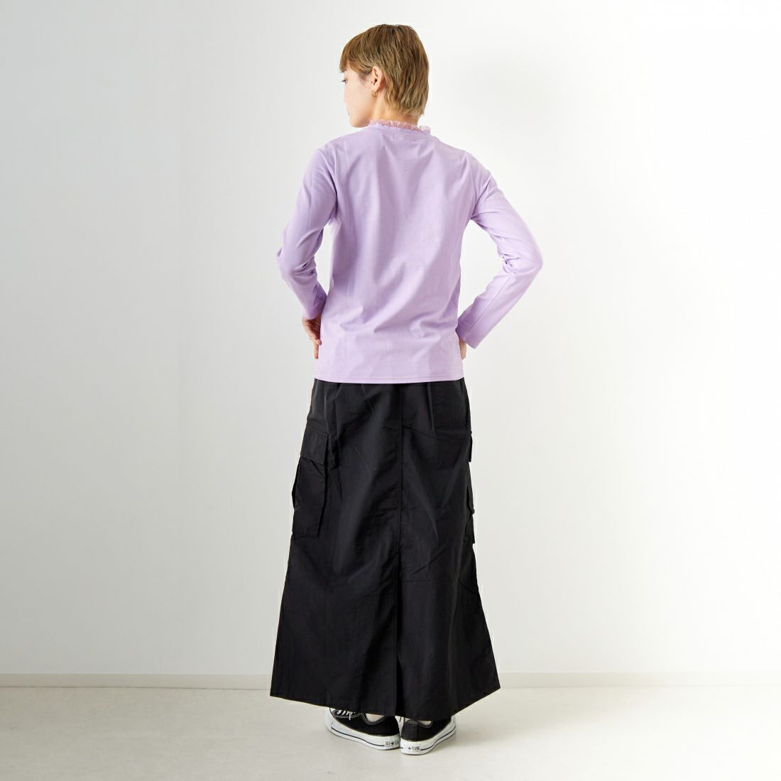 Jf Ready Made [ジェイエフレディメイド] ネックフリルTシャツ [2910108] 610 ﾗﾍﾞﾝﾀﾞ名 &&モデル身長：160cm 着用サイズ：F&&