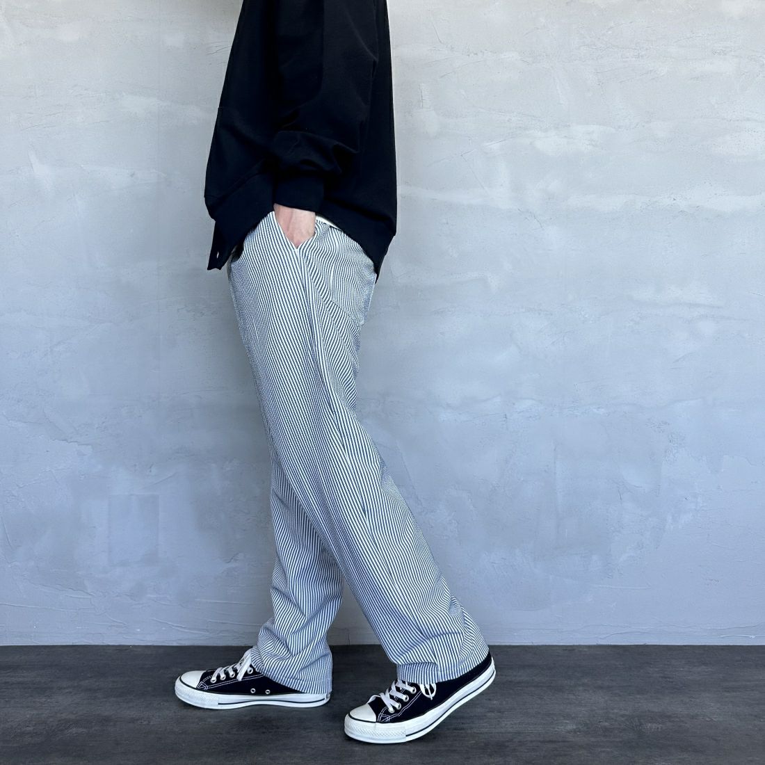 UNIVERSAL OVERALL [ユニバーサルオーバーオール] 別注 パジャマパンツ [U2411660IN-JF] NVY ST SOC &&モデル身長：173cm 着用サイズ：L&&