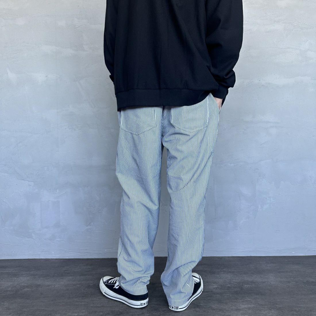 UNIVERSAL OVERALL [ユニバーサルオーバーオール] 別注 パジャマパンツ [U2411660IN-JF] NVY ST SOC &&モデル身長：173cm 着用サイズ：L&&