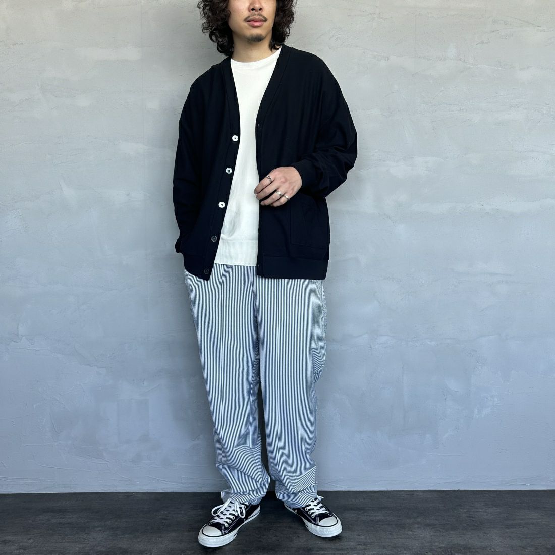 UNIVERSAL OVERALL [ユニバーサルオーバーオール] 別注 パジャマパンツ [U2411660IN-JF] NVY ST SOC &&モデル身長：173cm 着用サイズ：L&&