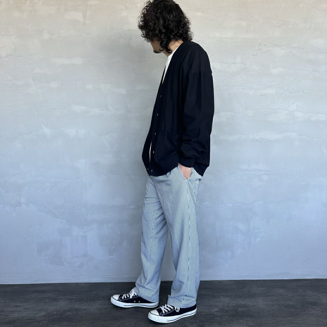 UNIVERSAL OVERALL [ユニバーサルオーバーオール] 別注 パジャマパンツ [U2411660IN-JF] NVY ST SOC &&モデル身長：173cm 着用サイズ：L&&