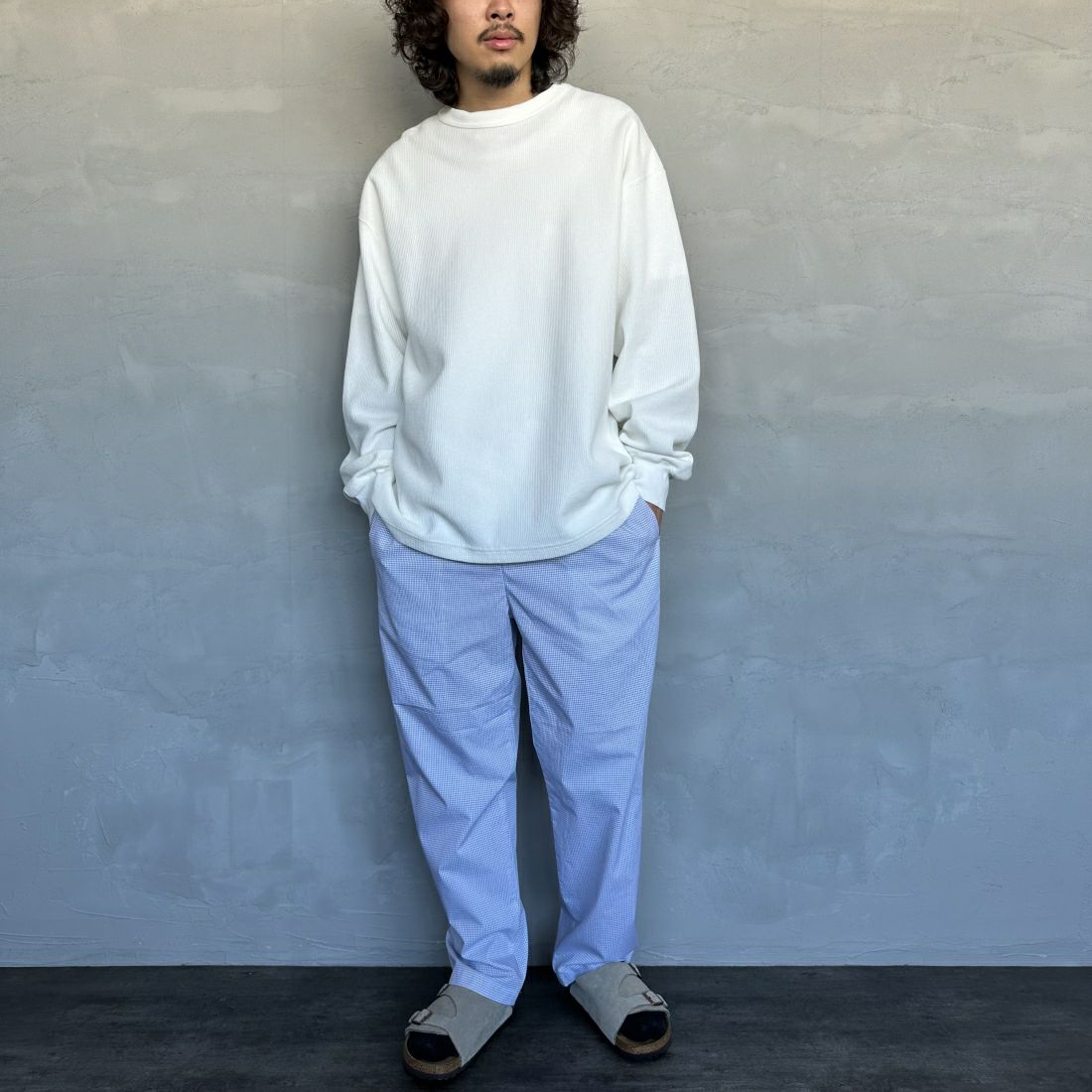 UNIVERSAL OVERALL [ユニバーサルオーバーオール] 別注 パジャマパンツ [U2411660IN-JF] WHT CHK &&モデル身長：173cm 着用サイズ：M&&