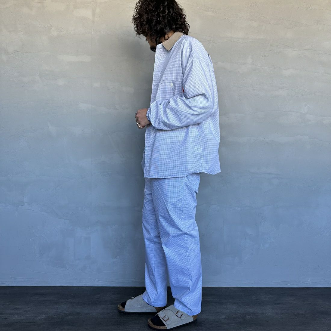 UNIVERSAL OVERALL [ユニバーサルオーバーオール] 別注 パジャマパンツ [U2411660IN-JF] WHT CHK &&モデル身長：173cm 着用サイズ：M&&