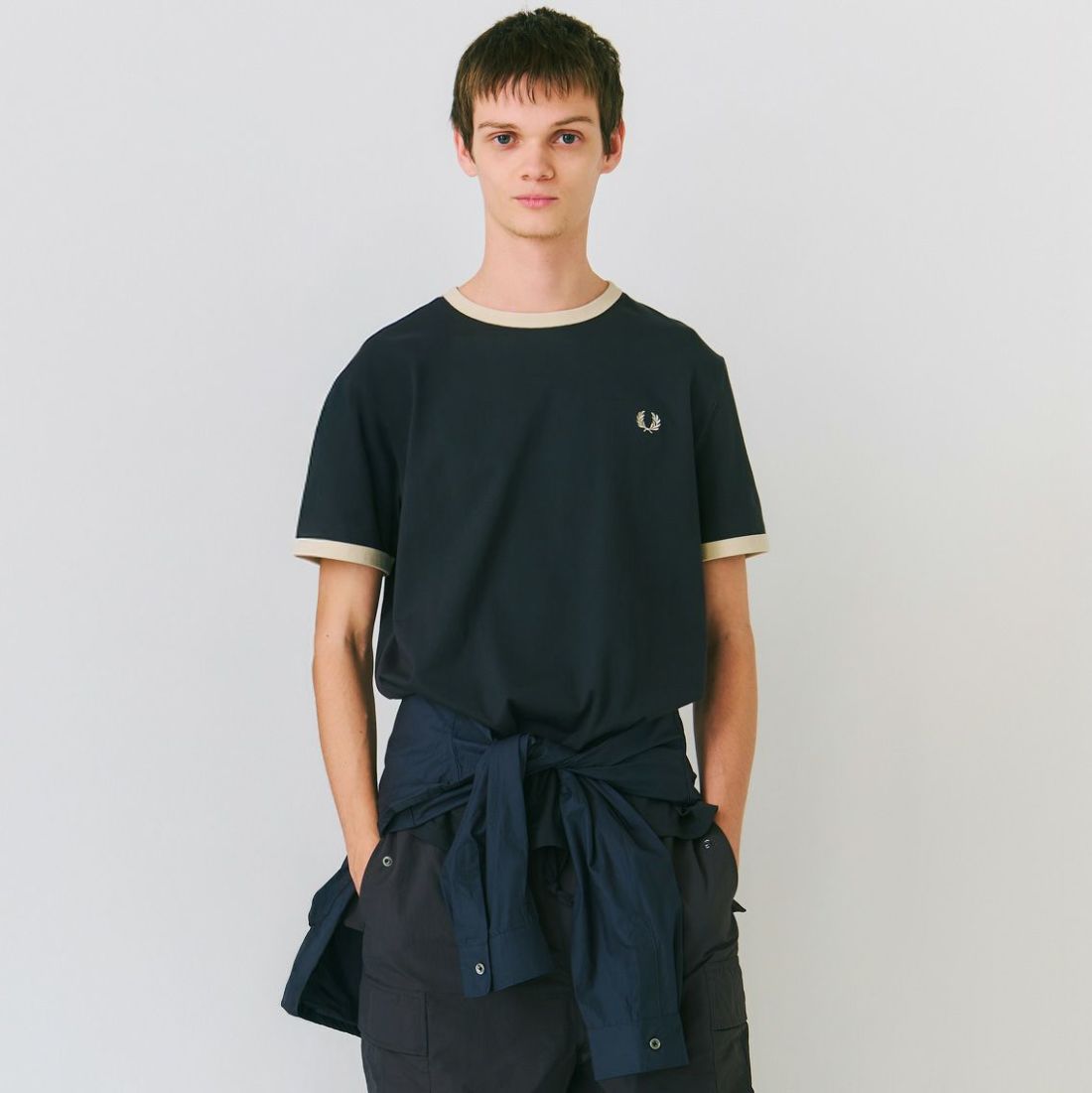 FRED PERRY [フレッドペリー] 別注 ワンポイントロゴ刺繍 ショートスリーブ リンガーTシャツ [M3519-JF] GRY/OAT