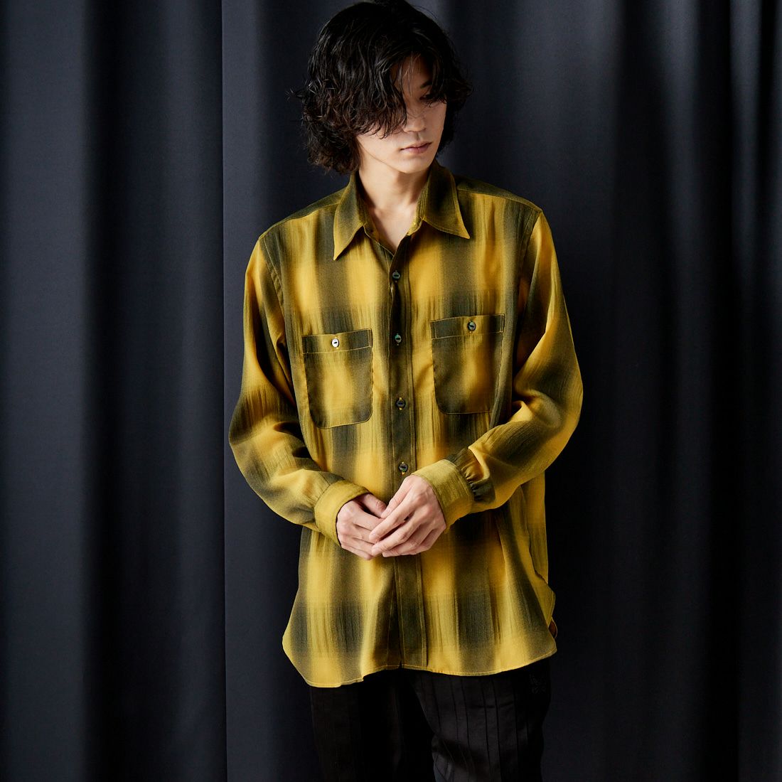 Needles [ニードルズ] オンブレチェックワークシャツ [OT159] A YELLOW&&モデル身長：182cm 着用サイズ：L&&