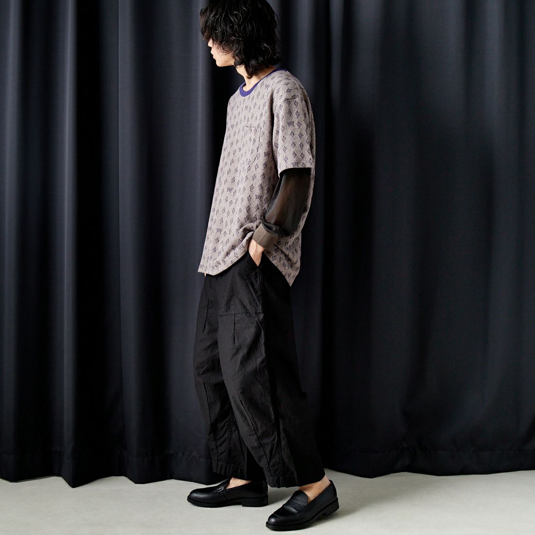 Needles [ニードルズ] パピヨン&フラワージャガードTシャツ [OT243] B GRY/PPL&&モデル身長：182cm 着用サイズ：L&&
