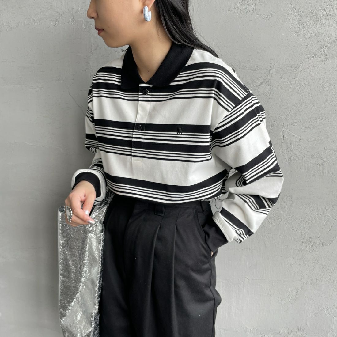 UNIVERSAL OVERALUNIVERSAL OVERALL [ユニバーサルオーバーオール] 別注 ロングスリーブ ボーダーポロシャツ [U2411284IN-JF] WHT BORDER &&モデル身長：156cm 着用サイズ：S&&L [ユニバーサルオーバーオール] 別注 ロングスリーブ ボーダーポロシャツ [U2411284IN-JF] BRN BORDER