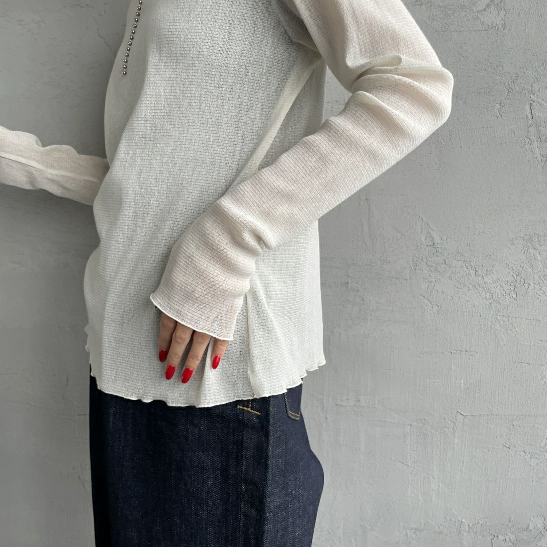 Jeans Factory Clothes [ジーンズファクトリークローズ] ハイネック シアーラメTシャツ [21241057] 031 ｵﾌ &&モデル身長：156cm 着用サイズ：F&&