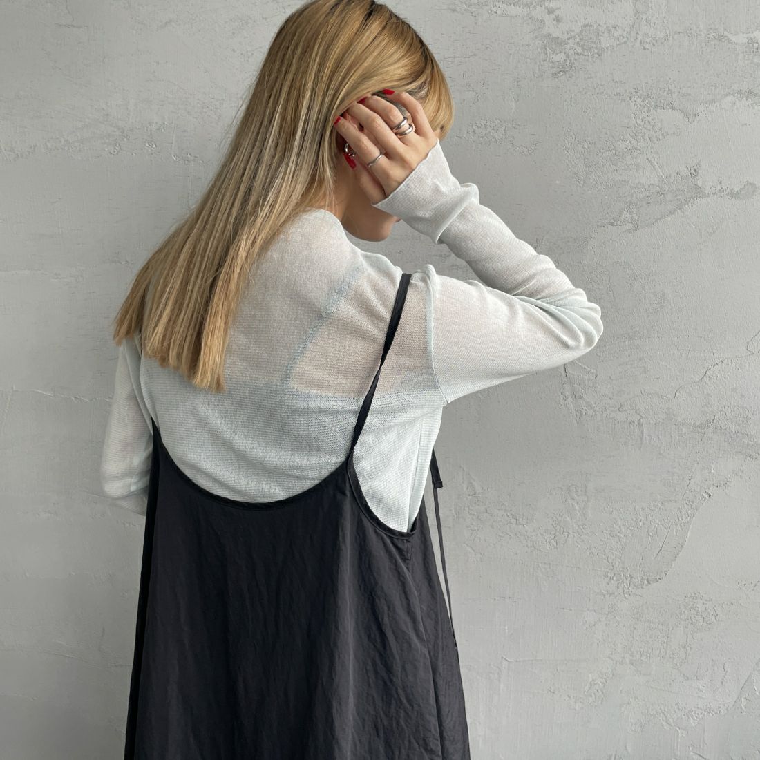 Jeans Factory Clothes [ジーンズファクトリークローズ] ハイネック シアーラメTシャツ [21241057] 073 ｻｯｸｽ &&モデル身長：156cm 着用サイズ：F&&