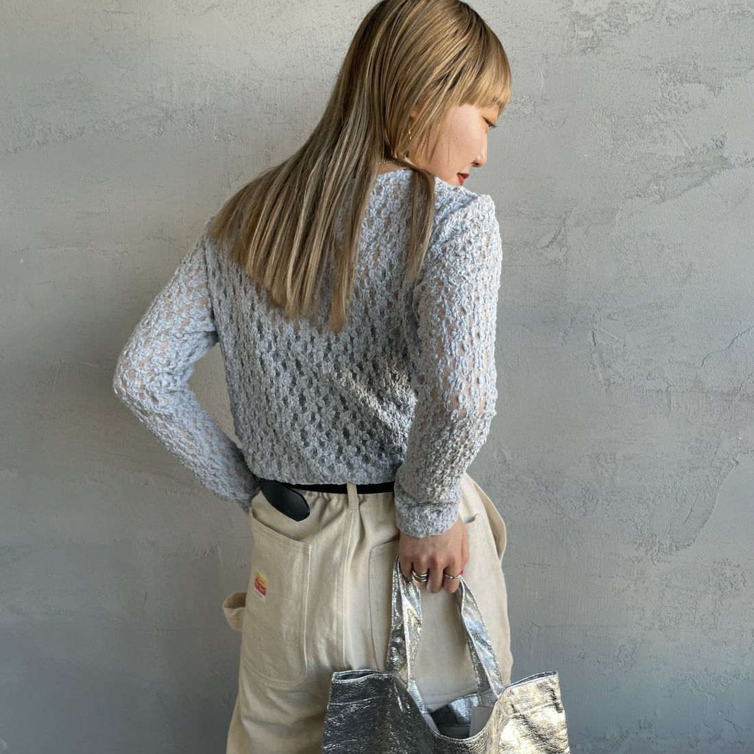 Jeans Factory Clothes [ジーンズファクトリークローズ] レース柄クルーネックシアーカットソー [21241058] 073 ｻｯｸｽ &&モデル身長：156cm 着用サイズ：F&&