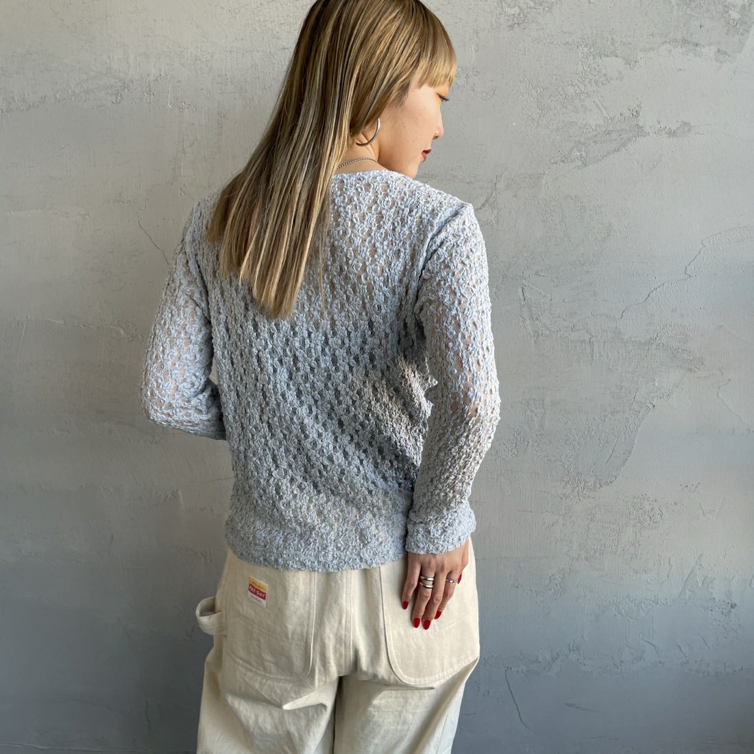 Jeans Factory Clothes [ジーンズファクトリークローズ] レース柄クルーネックシアーカットソー [21241058] 073 ｻｯｸｽ &&モデル身長：156cm 着用サイズ：F&&