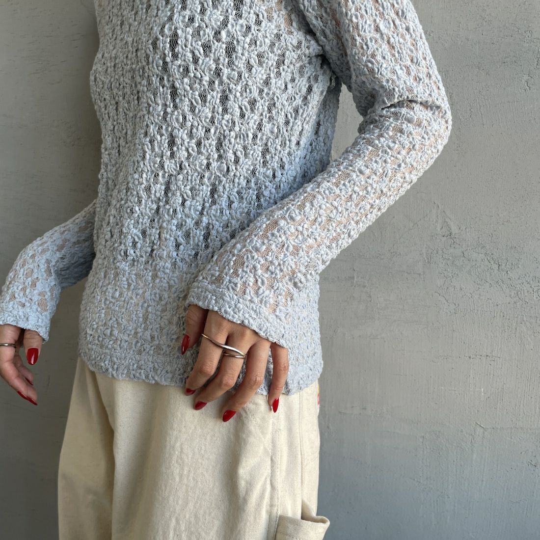 Jeans Factory Clothes [ジーンズファクトリークローズ] レース柄クルーネックシアーカットソー [21241058] 073 ｻｯｸｽ &&モデル身長：156cm 着用サイズ：F&&