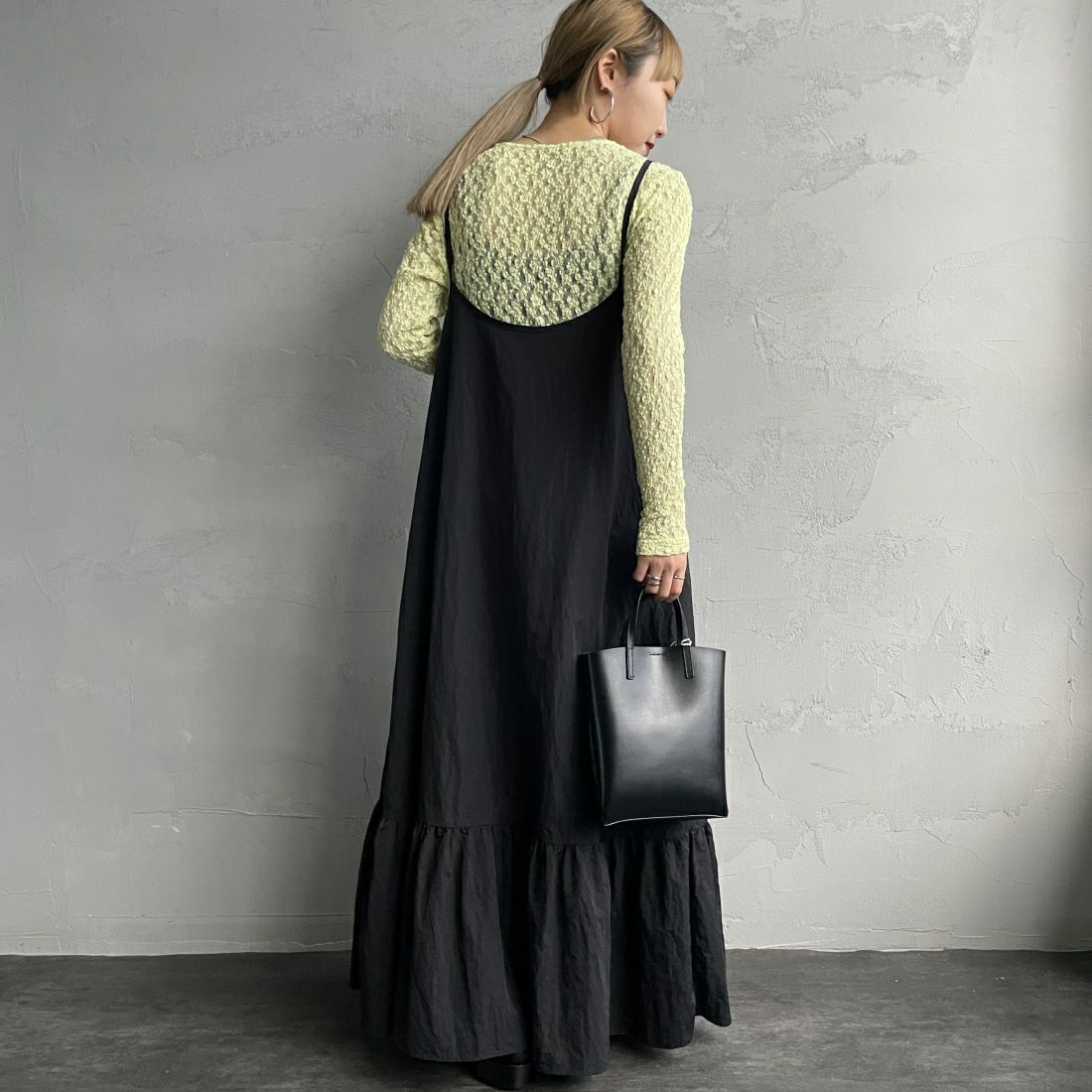 Jeans Factory Clothes [ジーンズファクトリークローズ] レース柄クルーネックシアーカットソー [21241058] 073 041 ｲｴﾛｰ &&モデル身長：156cm 着用サイズ：F&&