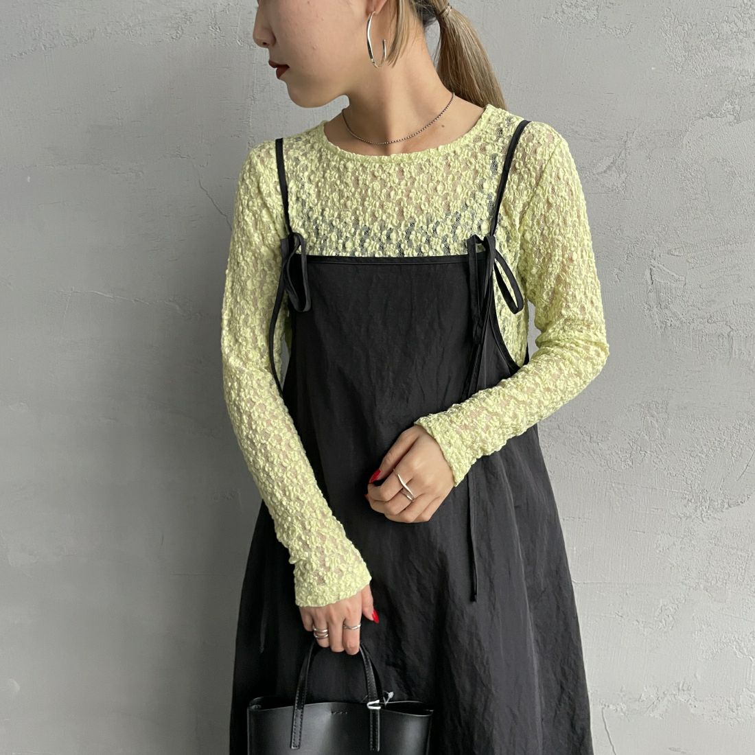 Jeans Factory Clothes [ジーンズファクトリークローズ] レース柄クルーネックシアーカットソー [21241058] 073 041 ｲｴﾛｰ &&モデル身長：156cm 着用サイズ：F&&