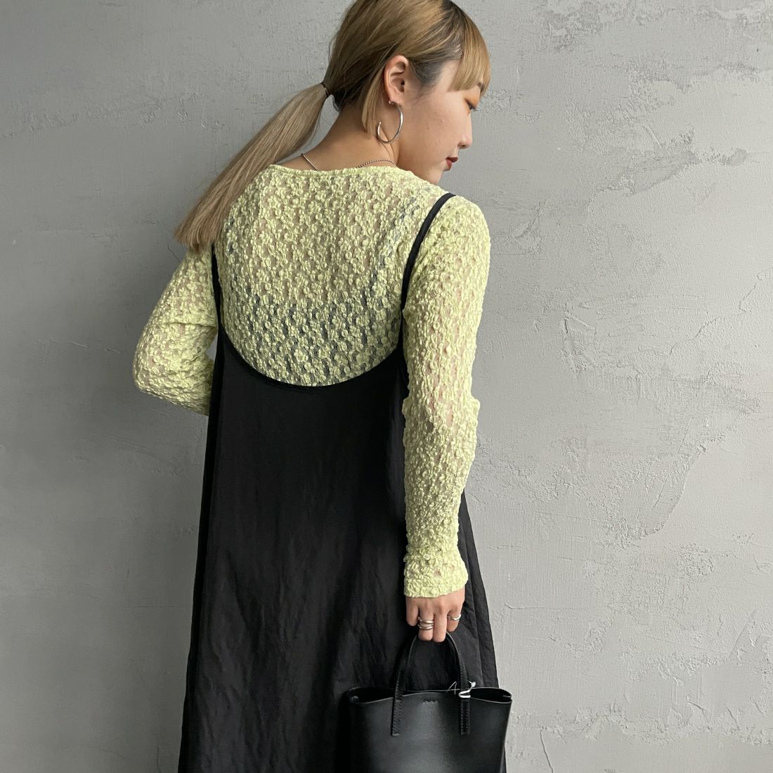 Jeans Factory Clothes [ジーンズファクトリークローズ] レース柄クルーネックシアーカットソー [21241058] 073 041 ｲｴﾛｰ &&モデル身長：156cm 着用サイズ：F&&