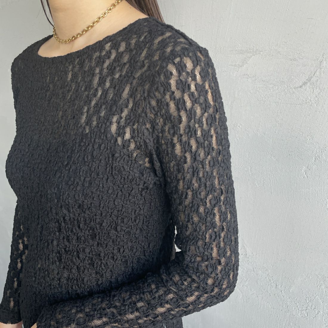 Jeans Factory Clothes [ジーンズファクトリークローズ] レース柄クルーネックシアーカットソー [21241058] 004 ﾌﾞﾗｯｸ &&モデル身長：163cm 着用サイズ：F&&