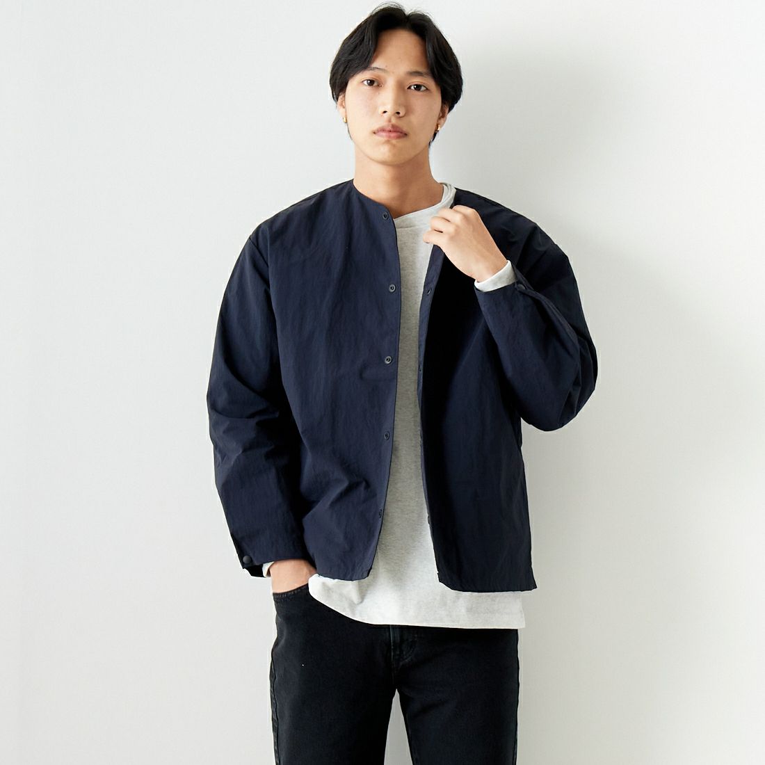 Noir Fabrik [ヌワールファブリック] カーディガンシャツ [JFCM-PS42-03] NAVY &&モデル身長：179cm 着用サイズ：M&&