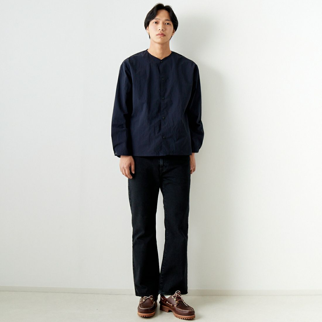 Noir Fabrik [ヌワールファブリック] カーディガンシャツ [JFCM-PS42-03] NAVY &&モデル身長：179cm 着用サイズ：M&&