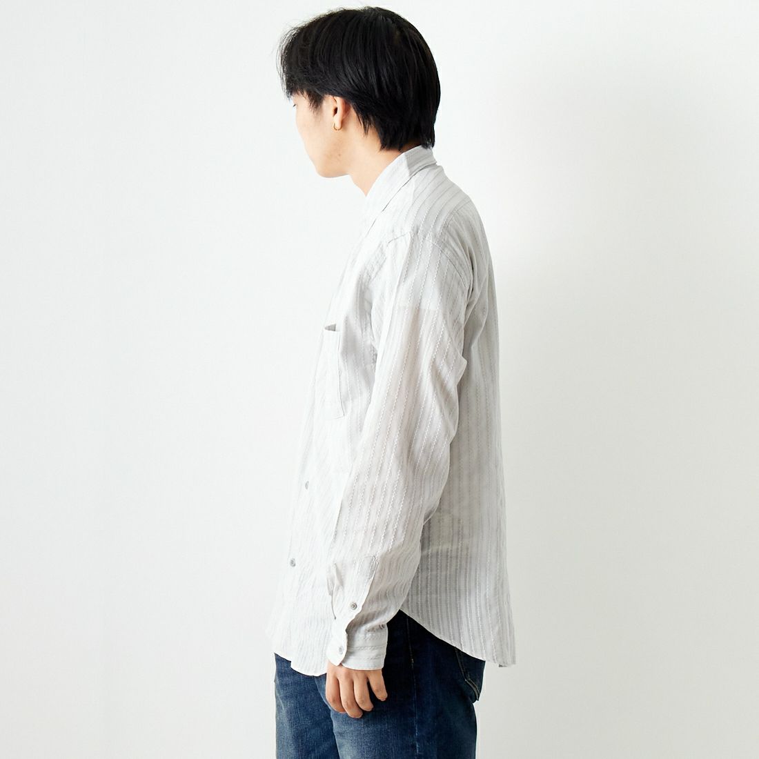 Noir Fabrik [ヌワールファブリック] カラミストライプ ロングスリーブ レギュラーカラーシャツ [JFCM-PS42-01] GREY &&モデル身長：179cm 着用サイズ：L&&