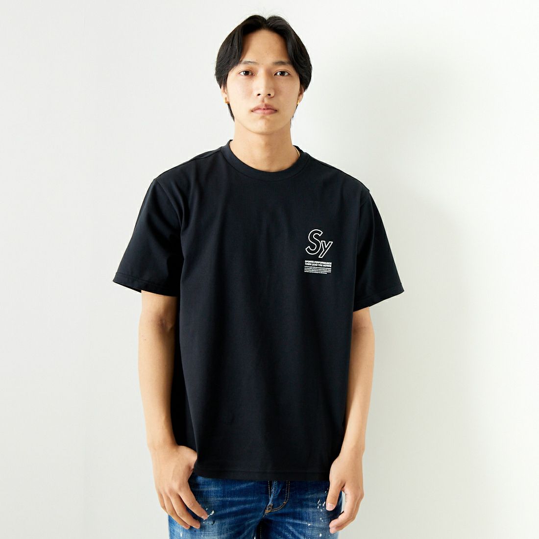 SY32 [エスワイサーティトゥ] ラインロゴ バックプリントTシャツ [14134] BLACK &&モデル身長：179cm 着用サイズ：L&&