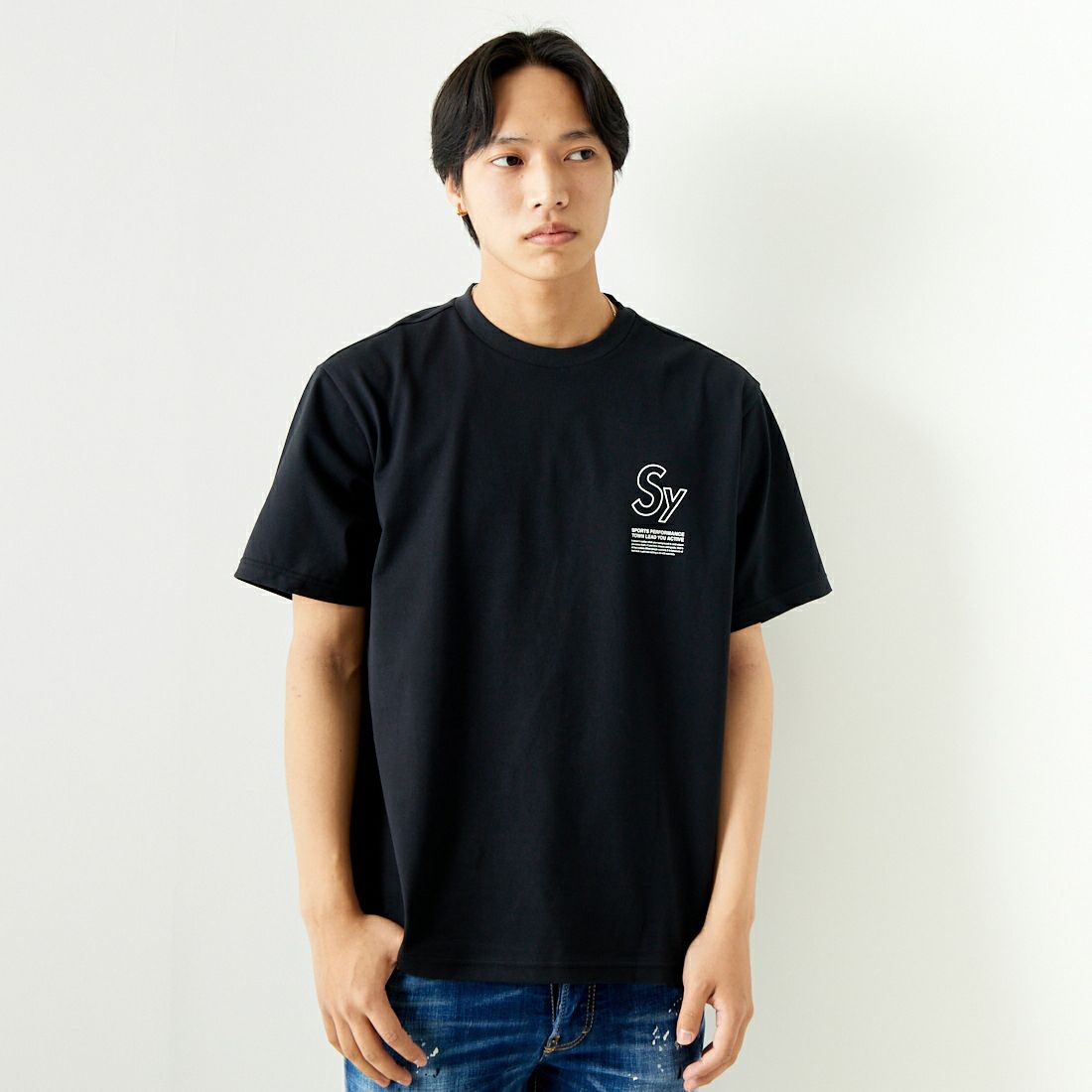 SY32 [エスワイサーティトゥ] ラインロゴ バックプリントTシャツ [14134] BLACK &&モデル身長：179cm 着用サイズ：L&&