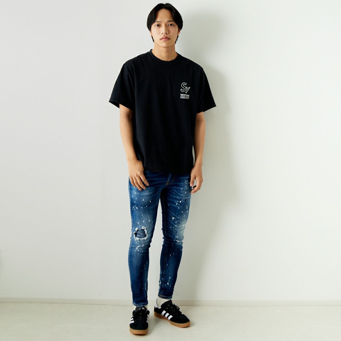 SY32 [エスワイサーティトゥ] ラインロゴ バックプリントTシャツ [14134] BLACK &&モデル身長：179cm 着用サイズ：L&&