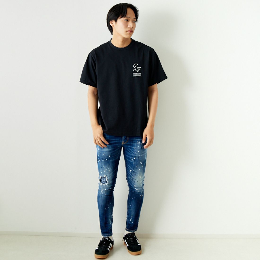 SY32 [エスワイサーティトゥ] ラインロゴ バックプリントTシャツ [14134] BLACK &&モデル身長：179cm 着用サイズ：L&&
