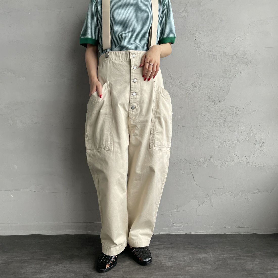 HARVESTY [ハーベスティ] サスペンダーガーデンパンツ [A12402] 31 IVORY&&モデル身長：156cm　着用サイズ：1&&