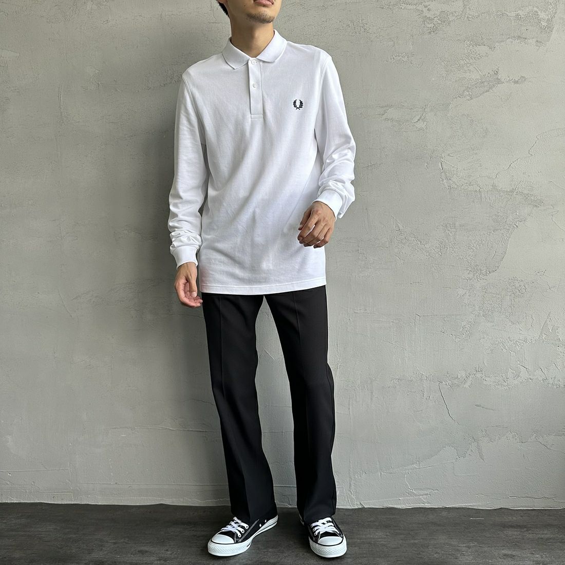 FRED PERRY [フレッドペリー] フレッドペリーポロシャツ [M6006] 100 WHITE &&モデル身長：168cm 着用サイズ：M&&