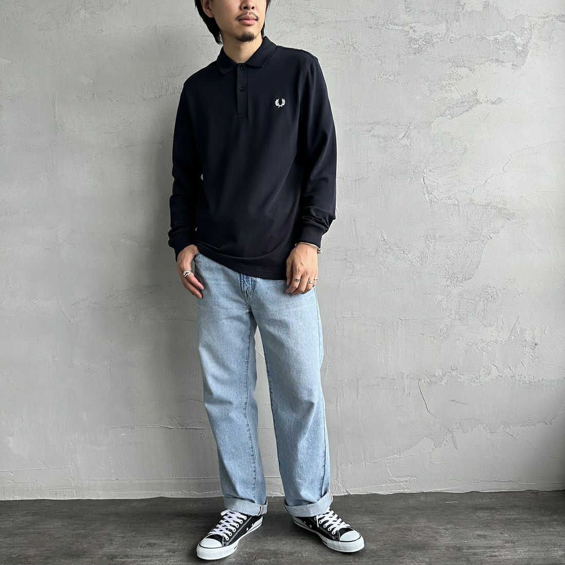 FRED PERRY [フレッドペリー] フレッドペリーポロシャツ [M6006] 608 NAVY &&モデル身長：173cm 着用サイズ：M&&