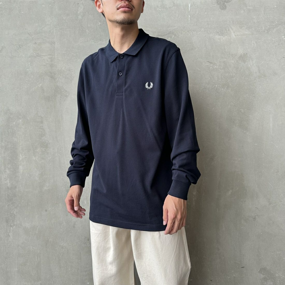 FRED PERRY [フレッドペリー] フレッドペリーポロシャツ [M6006] 608 NAVY &&モデル身長：168cm 着用サイズ：L&&