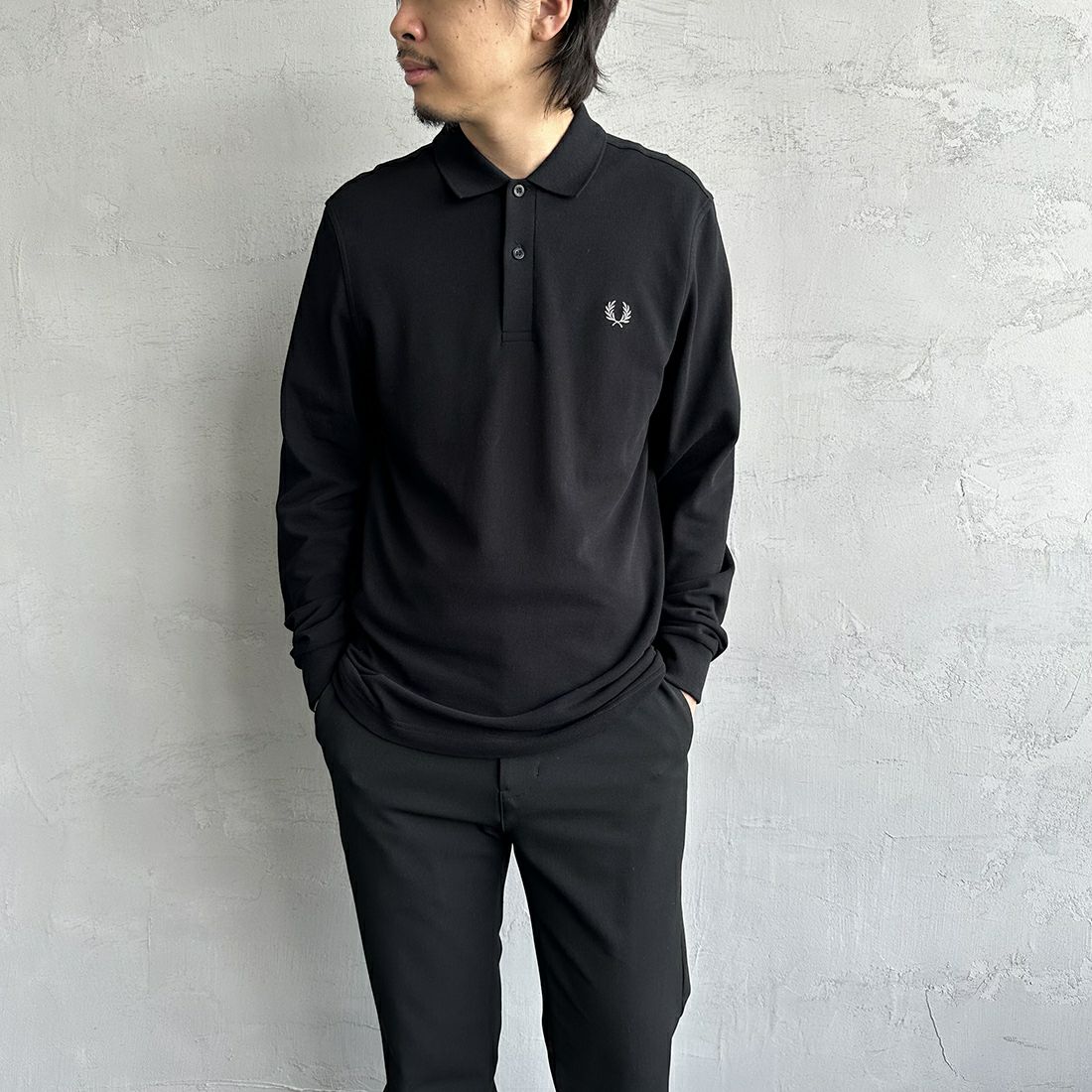 FRED PERRY [フレッドペリー] フレッドペリーポロシャツ [M6006] 906 BLACK &&モデル身長：173cm 着用サイズ：M&&